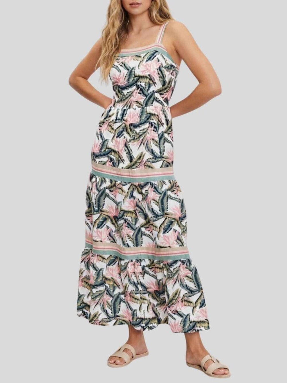 LOFT Paradise Tropical Palm Linen Blend Tiered Maxi Dress Size 14 39914
